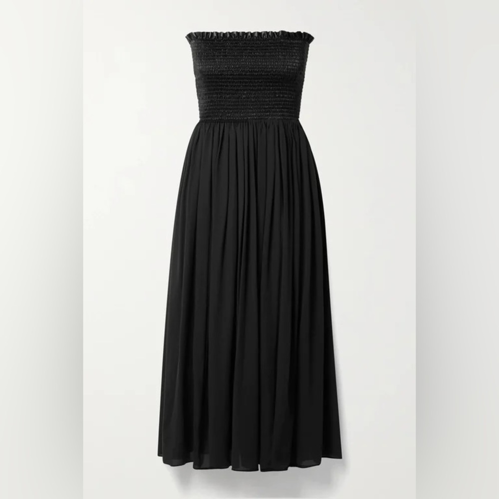 Michael Kors Collection XL- Strapless Shirred Faux Leather/Silk-crepe Midi Dress